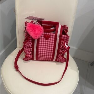 Betsey Johnson Pink/Red/White Plaid & Ruffle Satchel/Crossbody Bag & Purse Charm